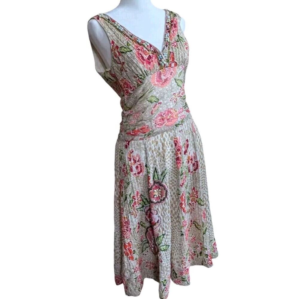 Vtg Derhy Floral Slip Dress Sequin Beaded Midi boho Y2K Cabbage Rose Cottage 4 S